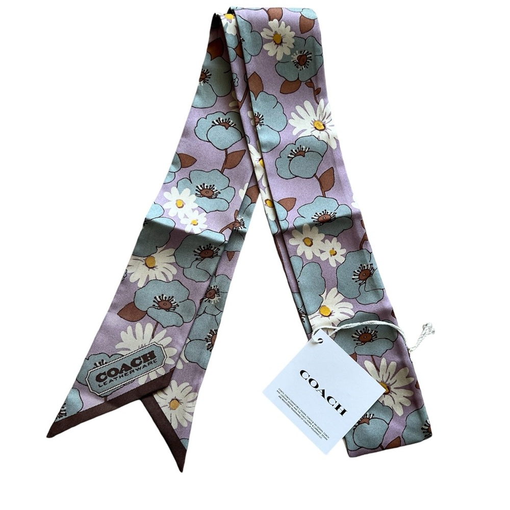 Coach NEW Lilac Purple Floral Bag Tie Hair Scarf Twilly 100% Silk Retro